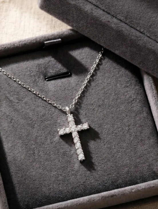 FingerBlingers Jewelry - Elegant Silver And Zirconia Cross Pendant Necklace